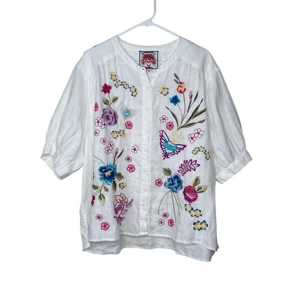 Johnny Was XL Jessi Shirred Yoke Blouse White Linen Embroidered Button Up Top - Picture 7 of 14